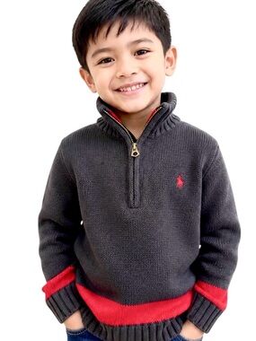BoysRalph Lauren Charcoal Half-Zip Sweater with Red Accents sz6